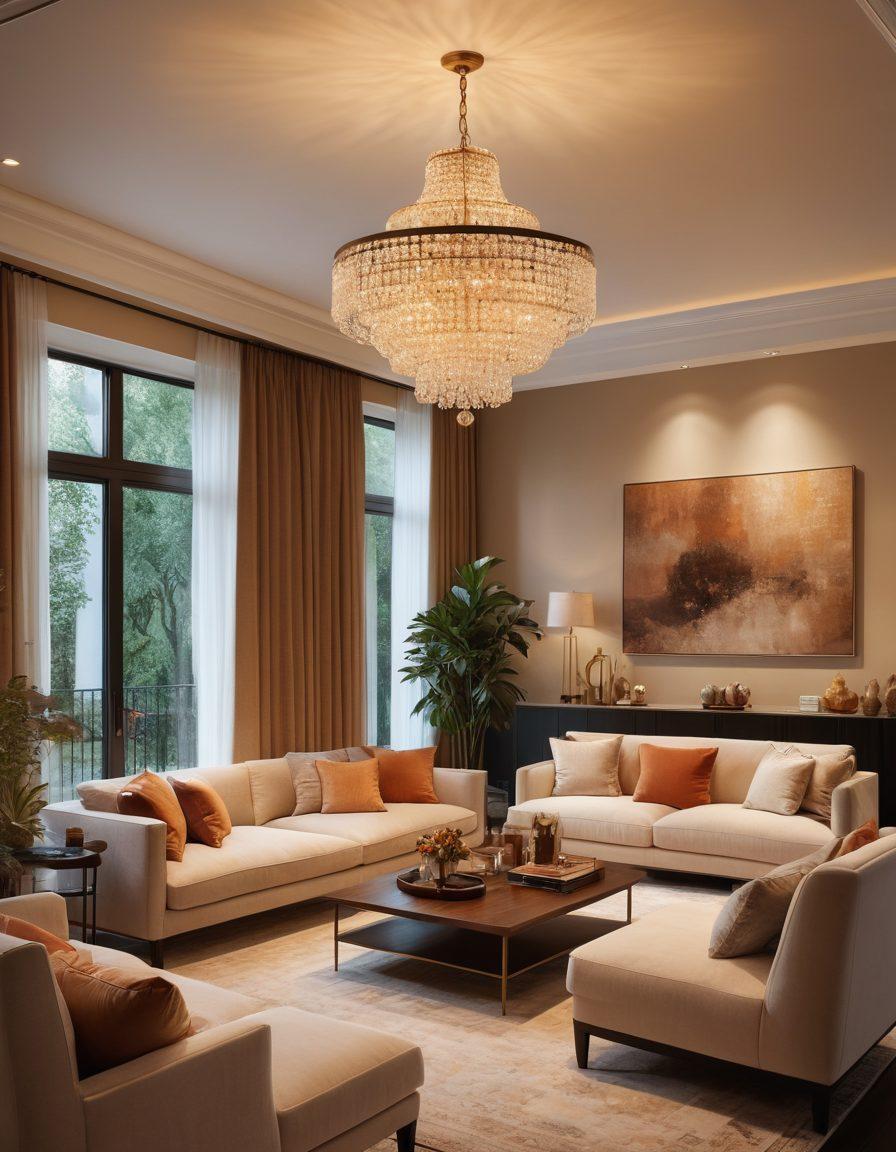 A cozy, modern living room bathed in warm, ambient light, showcasing elegant light fixtures and sophisticated decor elements. Include a beautiful chandelier hanging above a stylish coffee table, surrounded by plush furniture and artistic wall designs. Soft shadows create a welcoming atmosphere that highlights inspiring lighting designs. super-realistic. warm colors. cozy ambiance.