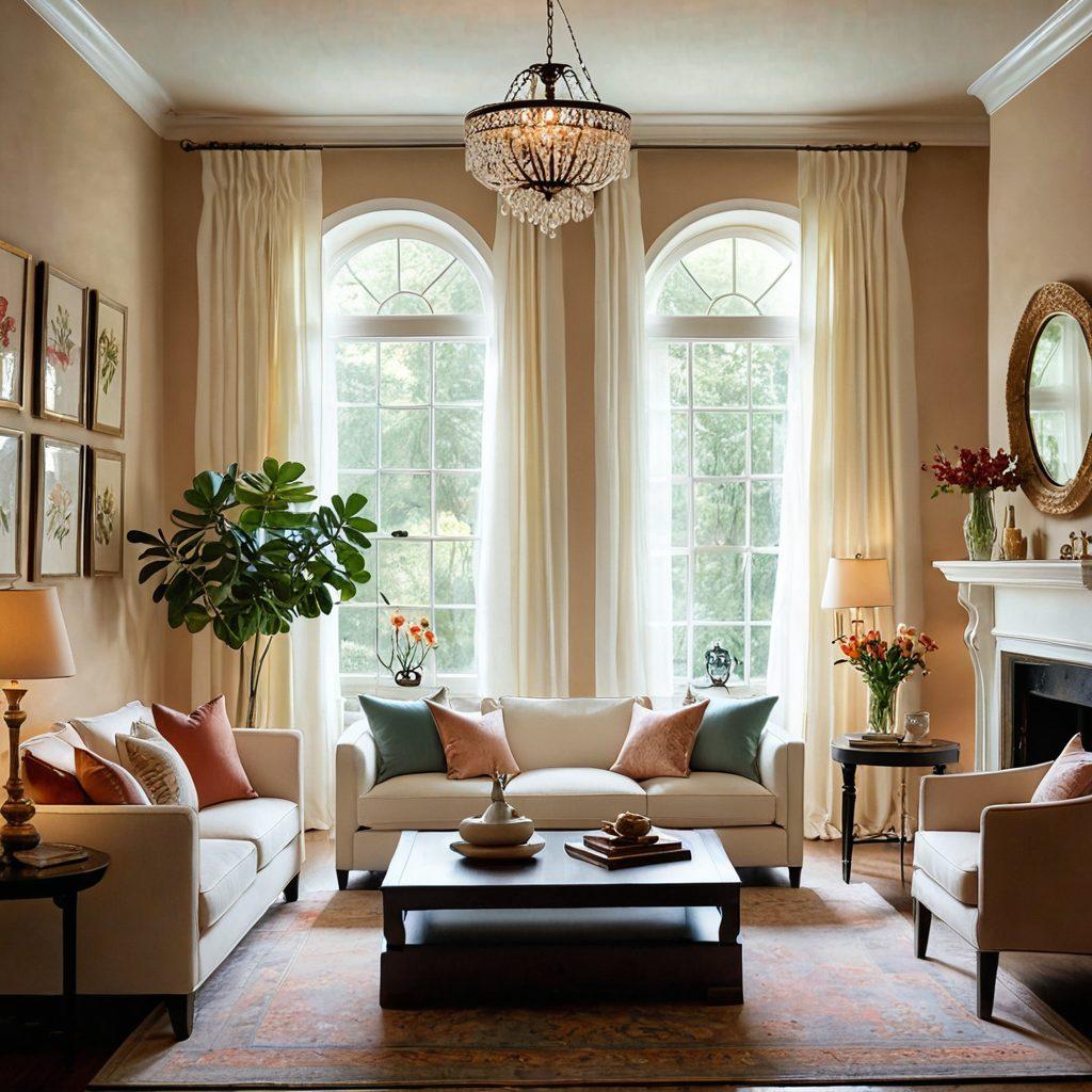 A beautifully decorated living room showcasing creative decor elements like elegant vases, artistic wall hangings, and warm ambient lighting. Add a large window allowing sunlight to flood in, creating a cozy and inviting atmosphere. Incorporate various light fixtures, from stylish floor lamps to delicate chandeliers, casting delightful shadows. The color palette should be soft pastels, enhancing the warmth and creativity of the space. super-realistic. vibrant colors. warm lighting.